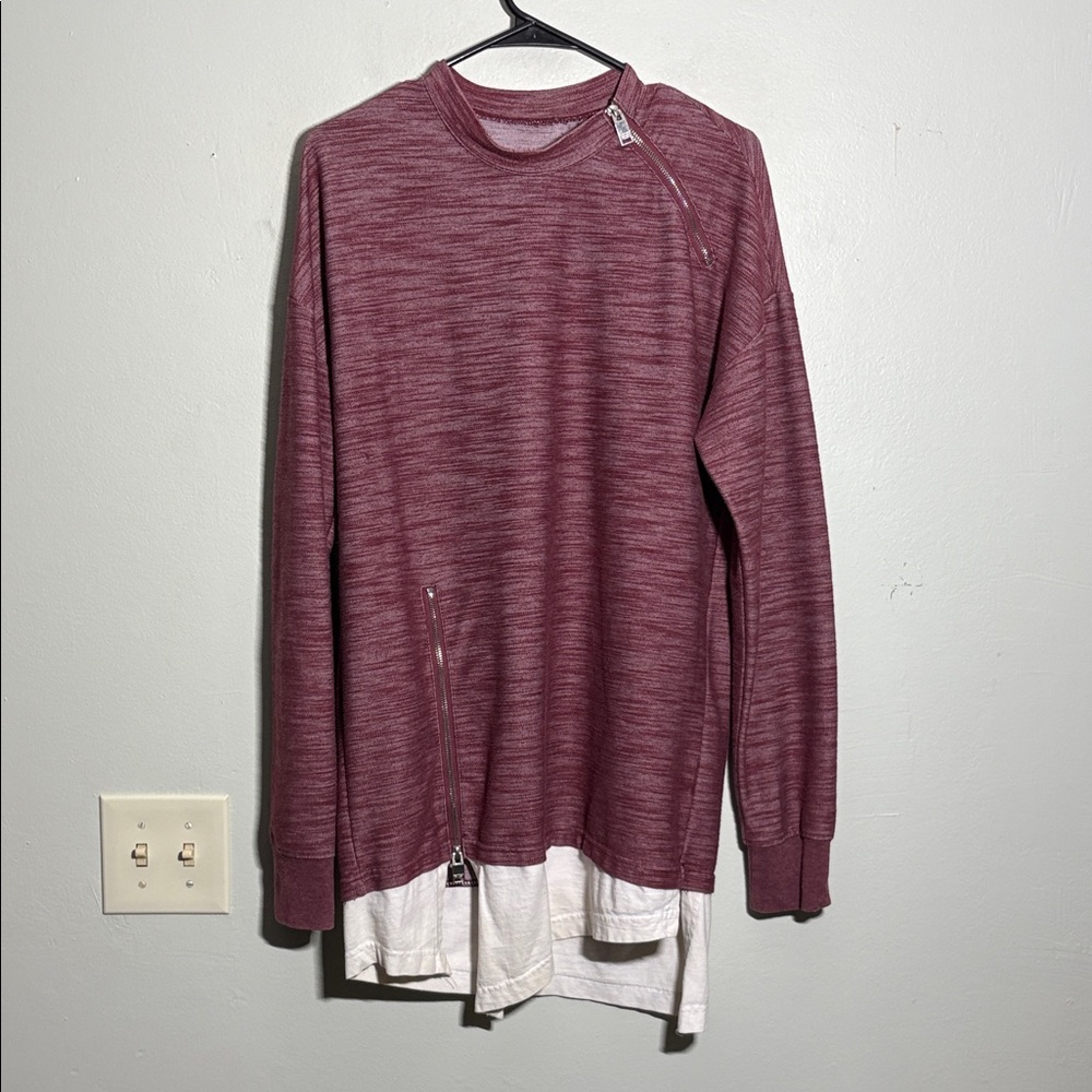 copper rivet Men's Maroon Sweater with White Layered Hem and zip M